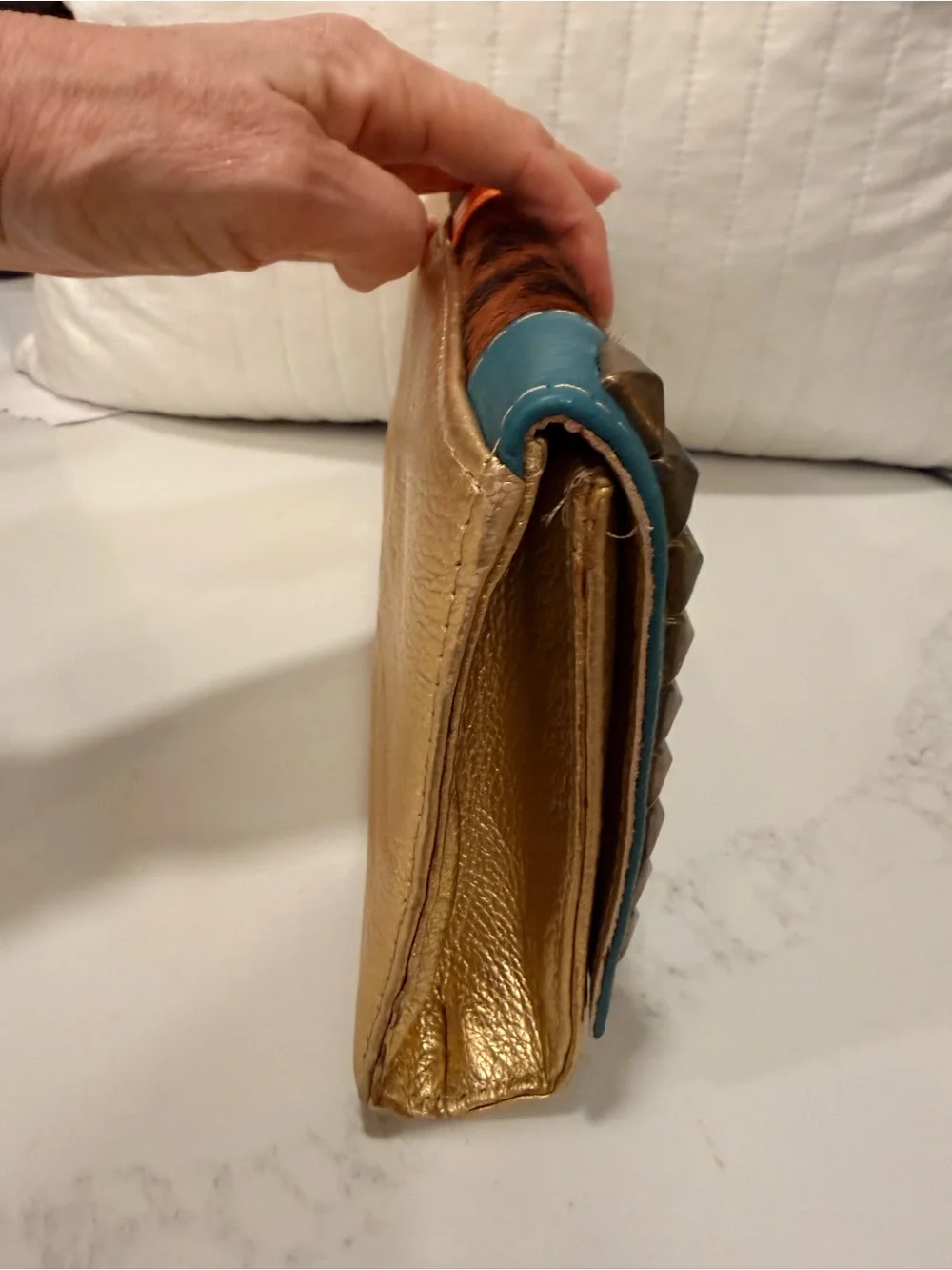Rare Vintage Genuine Argentine Leather Leopard - print, Gold Clutch